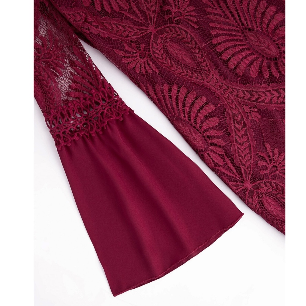Burgundy Lace Detail Bell Sleeve Bohemian Mini Dress - Picture 9 of 13